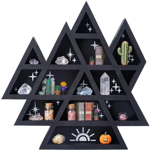 PRESSINART Crystal Display Wall Mount 11.8 x 11.8 Inch Rustic Floating Wall Decor, Wooden Mountain Shelves Oils Trinkets Gemstone Triangle Storage Organizer for Meditation Spiritual Gift Home Decor