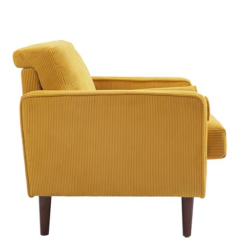 Image of Accent Chair, Corduroy Upholstered Arm Chairs for Living Room, Comfy Armchair Mid-Century Track Armrest Single Sofa Bedroom Reading Seat with 2 Bolster Pillows - Yellow, Set of 1