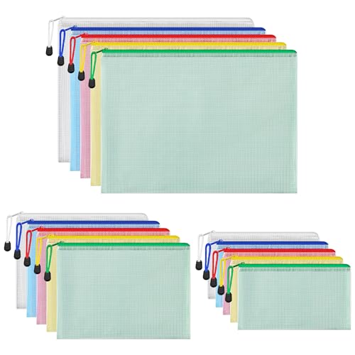 HEETA 15 Stück Dokumententasche A4+A5+A6 Wasserdichte Mesh Dokumententaschen Dokumentenmappe mit Reißverschluss Reißverschlussbeutel für Schule Zuhause Büro Reisen Kosmetika5 Farben