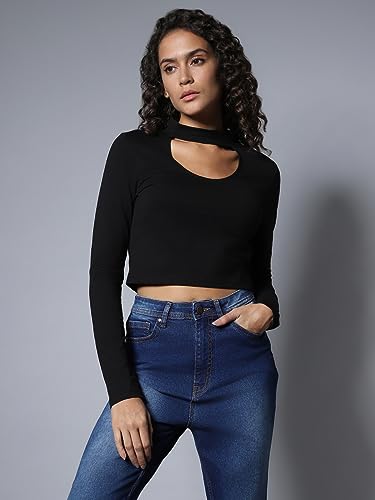 Image of High Star Women's Choker Neck Fitted Full Sleeves Crop Top