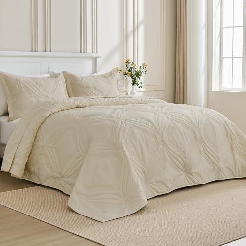 Image of Kingnex Oversized King Bedspreads 128x120 for Tall King or Cal King Bed Ultrasonic Quilted Coverlet Set 3 Piece Include 1 Extra Wide Quilt 2 Pillowcases Beige