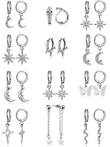 Hicarer 12 Pairs Dangle Hoop Earrings Aesthetic Huggie Earrings with Charms Small Drop Pendant Hoop Jewelry for Women