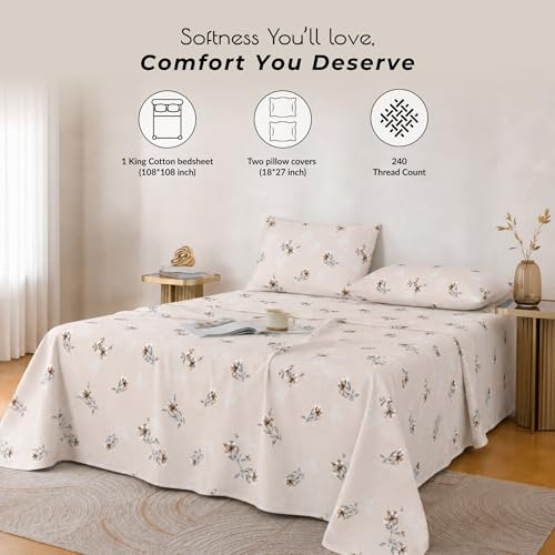 Image of Cotton King Size Bedsheet 108x108 Super King, 100% Pure Cotton Bed Sheet with 2 Pillow Covers, 240 TC Soft Breathable Floral Design Bedding - (Cocoa Blossom, Super King)