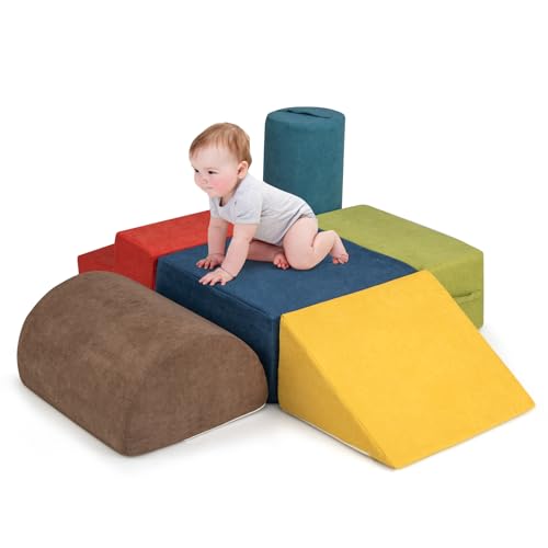 COSTWAY Juego de 6 Bloques de Espuma para Niños, Bloques de Escalada para Niños de 12-36 Meses, Estructura de Juego Suave de Interior con Tejido de Chenilla, Espuma de Alta Densidad (Multicolor)