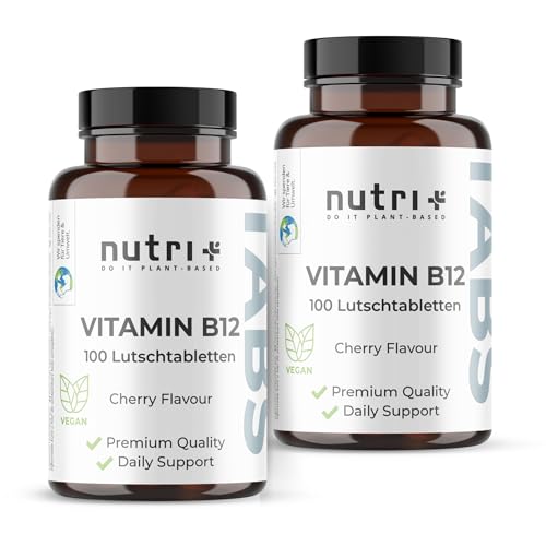 Nutri + Vitamin B12 Lutschtabletten 500µg (mcg) vegan & hochdosiert - aktives Methylcobalamin - 100 vegane Tabletten zum Lutschen - Geschmack Kirsche