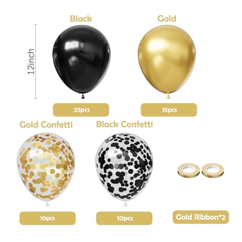 Image of Hiquaty Black and Gold Balloons,60pcs Black Balloons,12 Inch Gold Balloons,Black and Gold Confetti Balloons with Gold Ribbon for New Year Wedding Bridal Shower Party Decorations