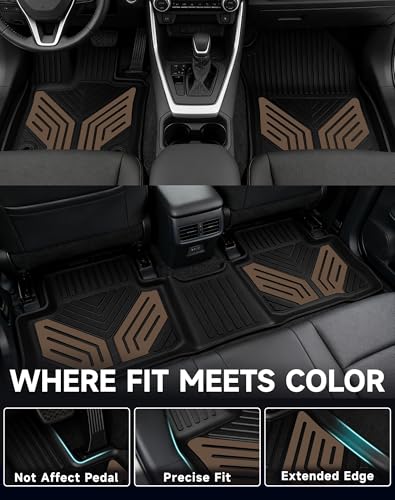 Image of Premium Color TPE Floor Mats Custom Fit for Toyota RAV4 2019-2025 (Only for Hybrid)| Saddle Brown Wing Design | All-Weather Heavy Duty Car Floor Liners Full Set 1st & 2nd Row