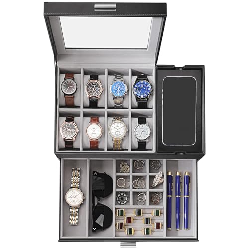 Dajasan Uhrenbox, Uhrenetui für Herren, 8 Fächer, Uhrenvitrine mit Glasdeckel, großer Uhrenhalter, Organizer, Sonnenbrillen-Aufbewahrungs-Organizer für Uhr, Ring, Schmuck, Geschenkidee, PU-Leder
