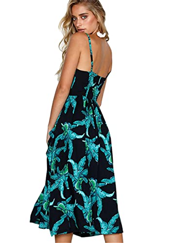 Image of YMING Womens Summer Spaghetti Strap Dresses Button Down Floral Sundress High Waist Swing Midi Dress with Pockets