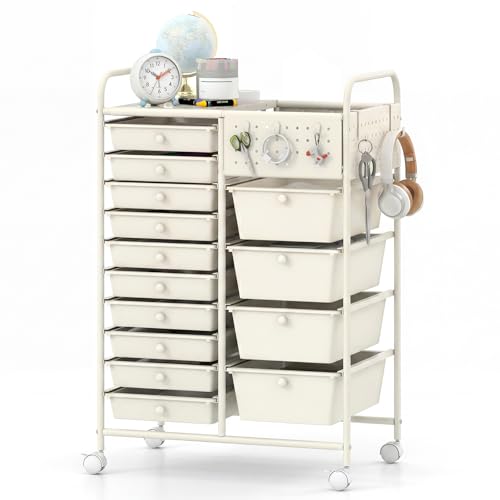 GOFLAME 14-Drawer Rolling Storage Cart with Pegboard, Craft Storage Cart with Lockable Wheels and Metal Frame, Multifunctional Art Cart Supply Storage Organizer for Home Office Classroom, White