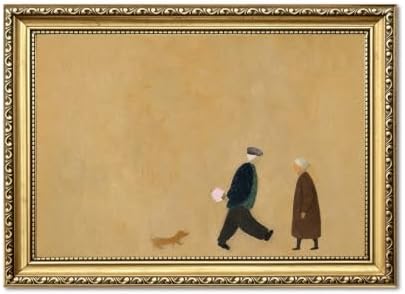 Minimalist Couple Walking Wall Art Cozy Elderly Couple with Dog Wall Decor Picture Vintage Romantic Love Story Poster Canvas Painting Print for Living Room Bedroom 12x16 inch Gold Framed
