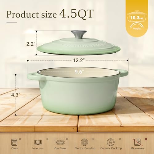 Image of Overmont Enameled Cast Iron Dutch Oven - 4.5QT Pot with Lid Cookbook & Cotton Potholders - Heavy-Duty Cookware for Braising, Stews, Roasting, Bread Baking Verdant