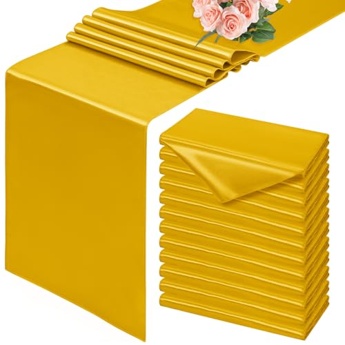 12 Pack Gold Table Runner 30 x 183 CM Satin Table Runner Smooth Silk Table Runners for Dining Table Wedding Party Banquet Events Graduations Engagements