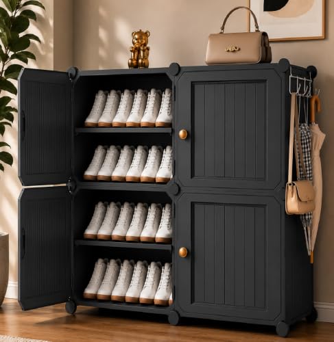 LERIMO 8 Tier Plastic Shoe Rack for Home with Doors | Foldable Modular Shoe Organizer | Dustproof & Waterproof Shoe Storage Rack | Space Saving Footwe