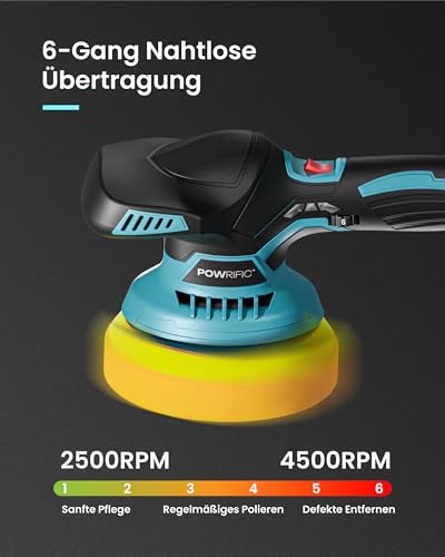 POWRIFIC 21V Akku Poliermaschine mit 2 Akkus – Kabellose Exzenter Poliermaschine für Auto, Möbel & Metall – 6 Geschwindigkeiten, 15cm Polierteller, Komplettset für Autopflege
