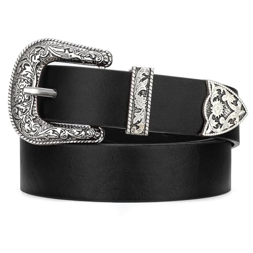 Western Cowgirl Belts for Women Country Cowboy Vintage Leather Engraved Buckle Belt for Jeans Dresses