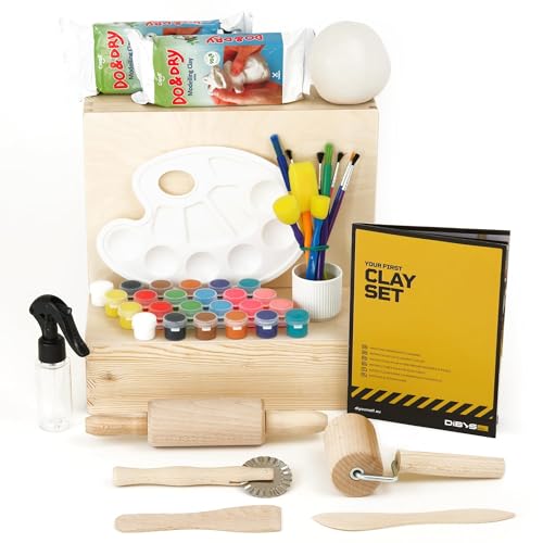 DIBYS Pottery Kit for All | at Home Clay Set with Air-Dry Clay in White, Wooden Tools, Paints, Brushes & Guide | Creative DIY Art Kit with Box for Painting
