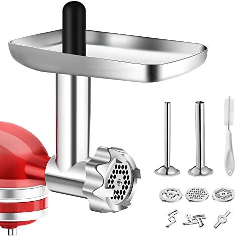 Metal Food Grinder Attachment for KitchenAid Stand Mixers, BQYPOWER Meat Grinder Attachment Included 2 Sausage Stuffer Tubes, 3 Grinding Blades, 3 Grinding Plates