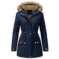 FemiChic Women Winter Coat UK Fleece-Lined Jackets Ladies Long Winterproof Parka Warm Padded Coats Thermal Thickened Hooded Outwear Detachable Hood Overcoat(Navy,L)