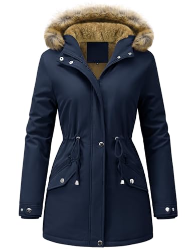 FemiChic Manteau Femme Hiver Imperméable Parka Blouson Chaud Veste Polaire Capuche Amovible Zippé Thermique Épais Résistant Coat Vêtements d'Extérieur(Bleu Marine,M)