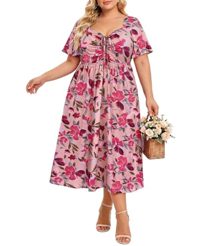 Image of CARCOS Plus Size Dresses for Curvy Women Tie Sweetheart Neck Summer Maxi Dress Short Sleeve Empire Waist Floral Boho Dress