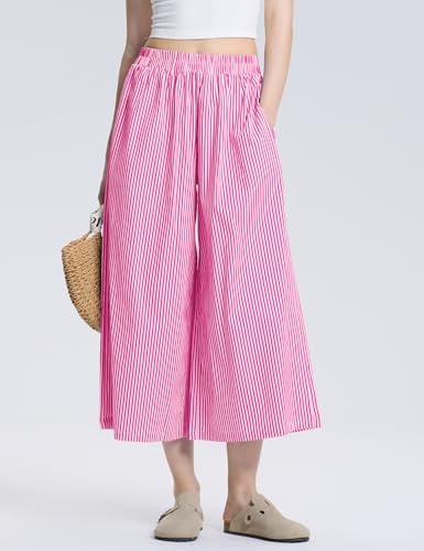 Image of LOMON Womens Wide Leg Capri Pants Gingham Plaid Culottes Summer Elastic Waist Palazzo Trousers Bottoms with Pockets