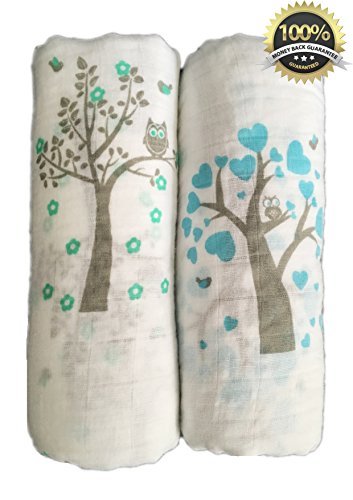 Image of Muslin Swaddle Blankets 2 Pack - Seben Baby - 47"x 47" - 100% Cotton - Tree Bird and Owl - Unisex for Boys or Girls - Lifetime Guarantee