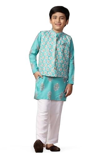 Image of Fashion Dream Boy's Cotton Blend Printed Kurta Pyjama And Jacket Set|Kurta And Payjama Set