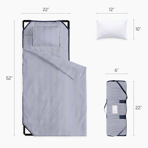 Image of Wake In Cloud - Cot Nap Mat with Pillow and Blanket, 100% Cotton Fabric, for Toddler Kids Boys Girls Ages 3 Plus in Daycare Kindergarten Preschool, Ticking Stripes