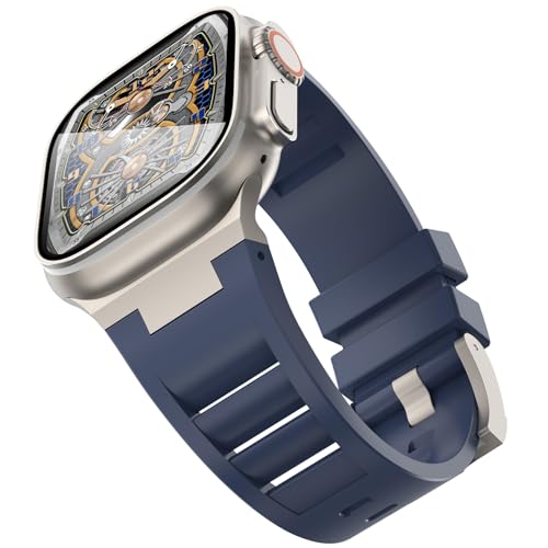 KADES for Apple Watch Ultra 2/1 Band 49mm for Apple Watch Band Series 9/8/SE2/7/6/SE/5/4/3/2/1 45mm/44mm/42mm Durable Metal Connector Band, Soft TPU Sport Replacement Band, Titanium/Navy