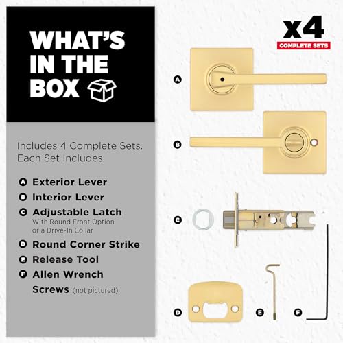 Image of Kwikset Casey Interior Square Privacy Door Handle with Lock, Door Lever for Bathroom and Bedroom, Satin Brass, Reversible Keyless Push Button Lock Door Lever, 4 Pack