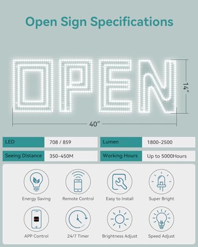 Image of Open Sign for Business, 40 inchx14 inch Jumbo Open Sign with Timer and Remote Control, Dynamic Light Modes Led Signs for Storefront Window Bar Salon Cafes Retail Shops White