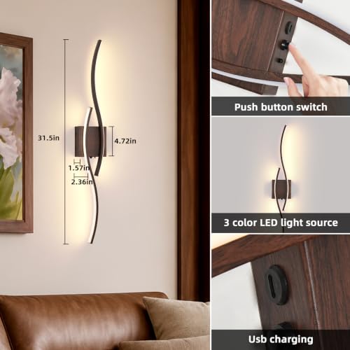 Image of Battery Powered Wall Sconces Set of 2, Walnut 31.4 inch LED Dimmable Wall Sconce with Remote Control /Timer /Memory, USB Rechargeable Wall Lights for Living Room, Bedroom, Hallway Wireless scones Lighting