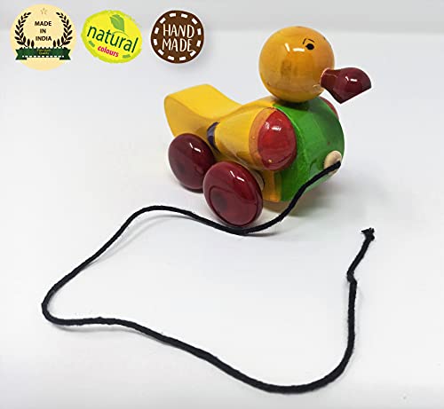 Image of A&A Kreative Box Wooden Pull Along Toy Encourage Walking, Build Gross Motor Skills and Hand-Eye Coordination Handcrafted by Indian Artisans for Kids Toddlers (Dukloo Duck)