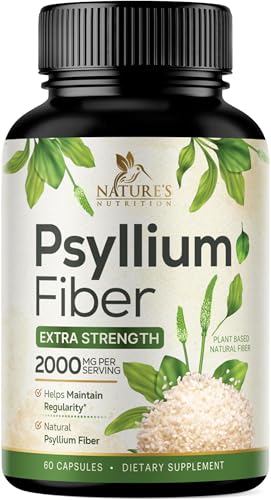 Psyllium Husk Powder 2000mg Per Serving Supplement - Extra Strength Psyllium Fiber Powder - Natural Soluble Fiber Pills Supports Digestion Colon Health & Regularity Bottled in USA - 60 Capsules