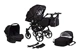 Vollständiges Set inklusive Zubehör: Babywagen mit Babywanne inkl. Matratze und Kissen, Kindersitz, Regenschutz, Insektenschutz, Tragetasche, Einkaufstasche, Wickeltasche, Sicherheitsbügel, Getränkehalter und Reifenschutz.