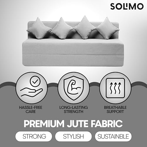 Image of Amazon Brand - Solimo 4 Seater 6 * 6 Jute Fabric Washable Cover Sofa Cum Bed with 4 Cushions 4 Seater Double Foam Fold Out Sofa Cum Bed (Finish Color - Light Grey Delivery Condition - Pre-Assembled)