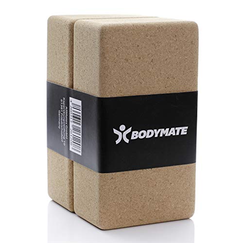 BODYMATE Bloques de Yoga de Corcho Natural 100% ecológico, 2X Ladrillos de Yoga, Apoyo para Todas Las asanas, meditaciones y Ejercicios de relajación, para Principiantes y Profesionales, 22x12x7,5cm
