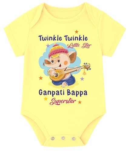 Image of Lillypupp Ganesh Chaturthi Dress For Baby Boy Girl| Ganpati Quotes Half Sleeve Unisex Cotton Romper Bodysuit For New Born Baby Clothes.