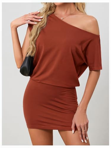 Image of SOLY HUX Women's Off The Shoulder Mini Dress Going Out Asymmetrical Neck Short Sleeve Casual Bodycon T Shirt Dresses