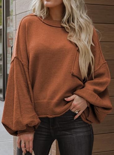 Image of Dokotoo Women's Sweater Tops 2026 Ribbed Knitwear Lantern Pullover Sweater | Fall Winter Outfits,Bell Sleeve,Crewneck,Lightweight Knit Pullover,Soft Comfy Tops,Teacher Vacation
