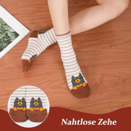 Niorasen Bunte Lustige Socken Damen aus Baumwolle 5 Paar, Neuheit Weihnachtssocken Katzensocken Motivsocken, Witzige Coole Süße Karikatur Tier Motiv Socken Geschenk für Frauen, Gestreifter Hund