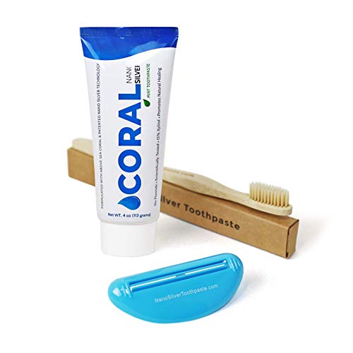 Coral White Nano Silver Bundle, Natural Fluoride Free Teeth Whitening Toothpaste, Toothpaste Squeezer and Bamboo Toothbrush, Coral Calcium Nano Silver Infused SLS Free - 4 Ounces (Mint)