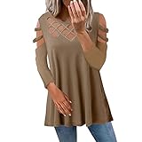 MJIQING Tunika Damen Tshirt Damenmode O-Ausschnitt, einfarbig, kalte Schulter, vordere Brust, heißer, lässig, langärmliges Oberteil Elegant Einfarbig/Blumen Tunika Oberteile Top#822