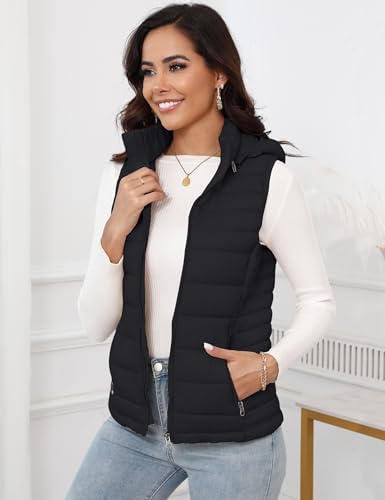 SLOW DOWN Womens Lightweight Puffer Vest, Womens Winter Packable Vest, Womens Puffy Vest with Removable Hood and Zip Pockets2