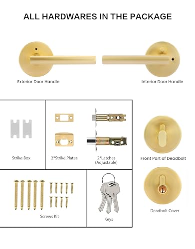 Image of Lethato Gold Door Handle and Deadbolt Set, Heavy Duty Front Door Lock Set, Exterior Door Lever Single Keyed Round Deadbolt Lock (1 Pack)