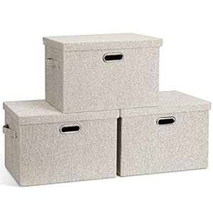 Large 17″ 36 Quart Collapsible Stackable Storage Bins with Lids, 3 Packs Beige Linen Fabric Closet Boxes with Lids, Storage Cube Baskets Container Organizers for Bedroom Office(17 x12 x11)