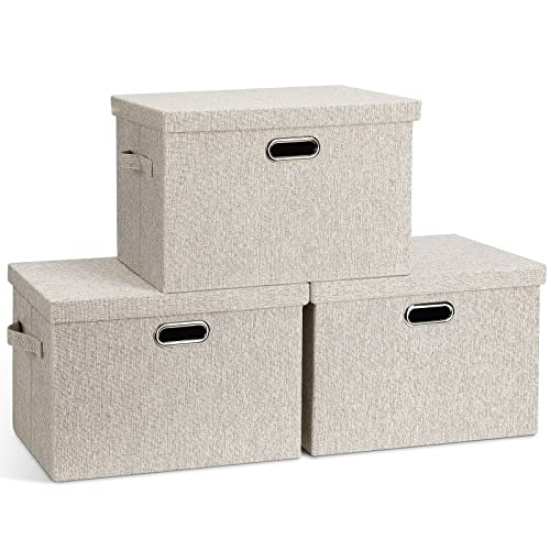 Large Quart Collapsible Stackable Storage Bins with Lids, 3 Packs Beige Linen Fabric Closet Boxes with Lids, Storage Cube Baskets Container Organizers for Bedroom Office(16.6 x 11.7 x 10.8)