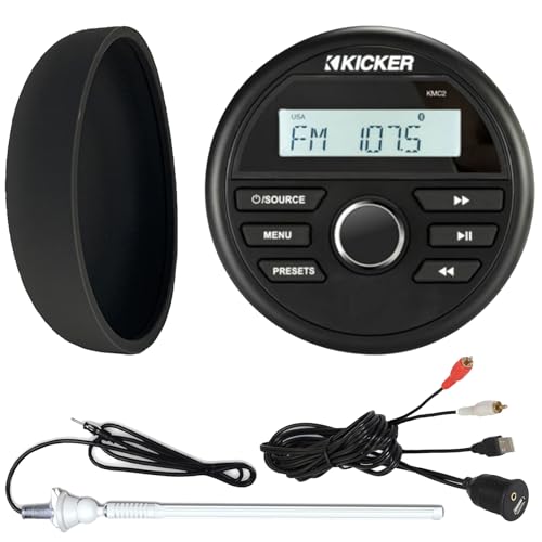KICKER 46KMC2 Marine Bluetooth All-Weather AM/FM USB/AUX Gauge Style Media Center Receiver W/Black Cover Bundle Combo with USB/AUX 3.5MM Auxiliary Interface Adapter, White Long Range Radio Antenna