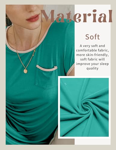 Image of Ekouaer Womens Nightgown Sleep Shirt Dress Satin Patchwork Short Sleeve Sleepwear with Pocket